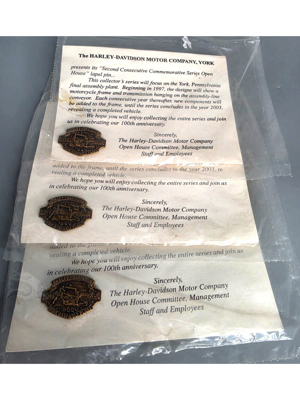 VTG Harley Davidson 1998, 1999, 2000 York PA ASSY. Plant Pin Badge 1.25" Brass